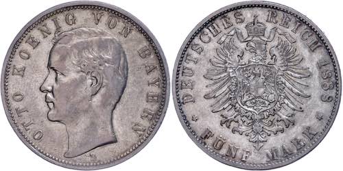 Bavaria 5 Mark, 1888, Otto, small ... 