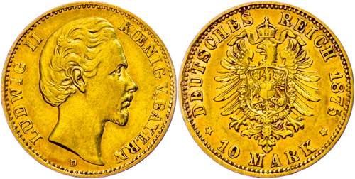 Bavaria 10 Mark, 1875, Ludwig II., ... 