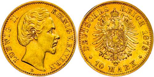 Bavaria 10 Mark, 1878, Ludwig II., ... 