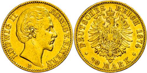Bavaria 20 Mark, 1874, Ludwig II., ... 