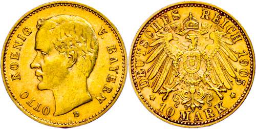 Bavaria 10 Mark, 1905, Otto, edge ... 
