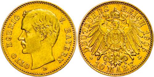 Bavaria 10 Mark, 1905, Otto, small ... 