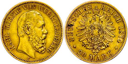 Württemberg 20 Mark, 1874, Karl, ... 