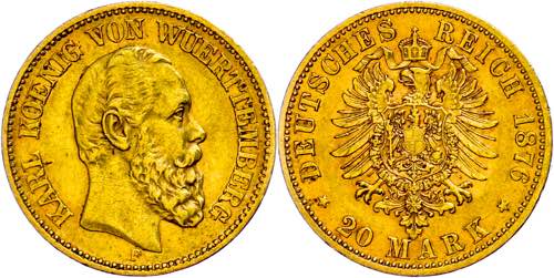 Württemberg 20 Mark, 1876, Karl, ... 