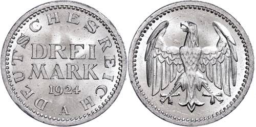 Münzen Weimar 3 Mark, 1924, A, ... 