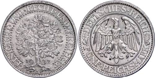 Münzen Weimar 5 Reichsmark, 1932, ... 