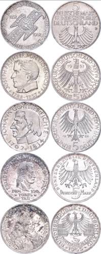 Münzen Bund ab 1946 5 x 5 Mark, ... 