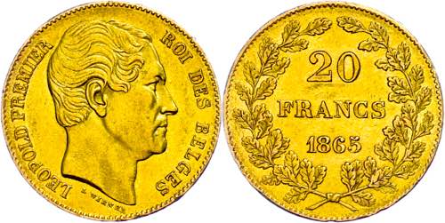 Belgium 20 Franc, Gold, 1865, ... 
