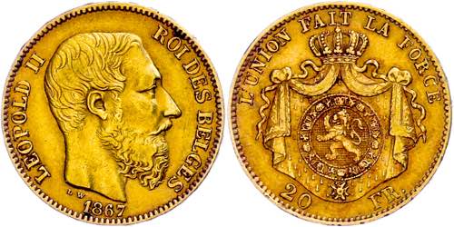Belgium 20 Franc, Gold, 1867, ... 