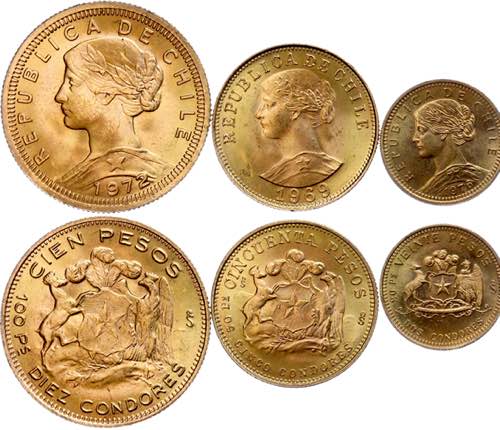 Chile Lot 3 gold coins: 20 Peso ... 