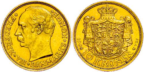 Denmark 10 coronas, Gold, 1908, ... 