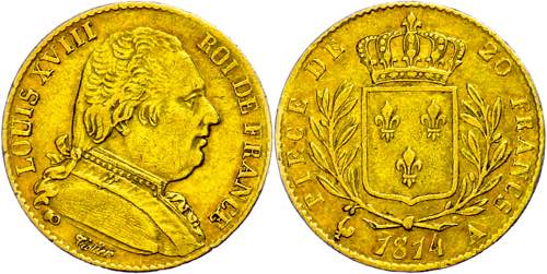 France 20 Franc, Gold, 1814, Louis ... 