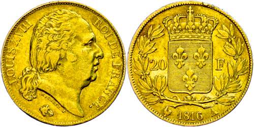 France 20 Franc, Gold, 1816, Louis ... 