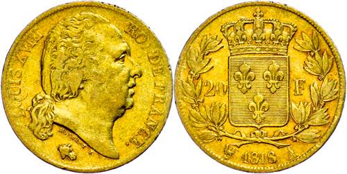France 20 Franc, Gold, 1818, Louis ... 