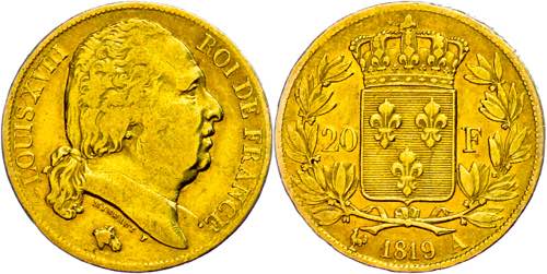 France 20 Franc, Gold, 1819, Louis ... 