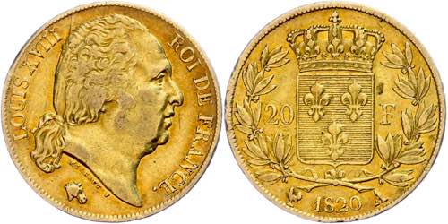France 20 Franc, Gold, 1820, Louis ... 