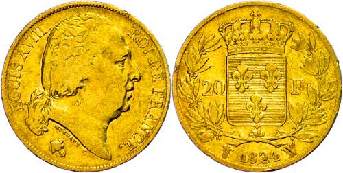 France 20 Franc, Gold, 1824, Louis ... 