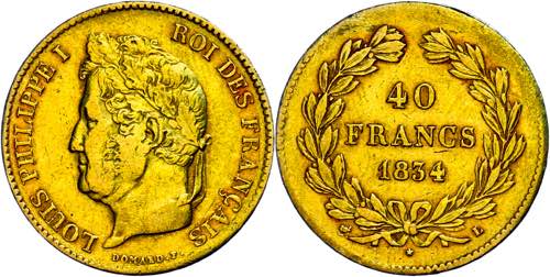 France 40 Franc, Gold, 1834, Louis ... 