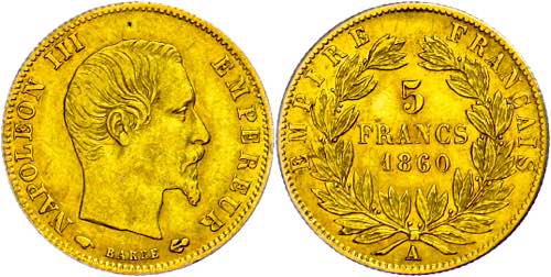 France 5 Franc, Gold, 1860, ... 
