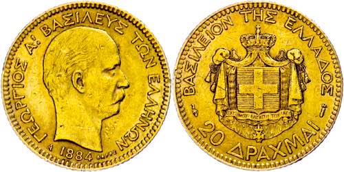 Greece 20 Drachma, Gold, 1884, ... 