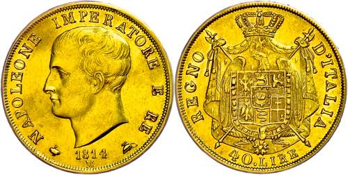 Italy 40 liras, Gold, 1814, ... 