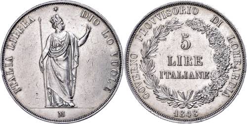 Italy Lombardy, 5 liras, 1848, ... 