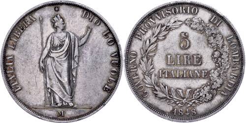 Italy Lombardy, 5 liras, 1848, ... 