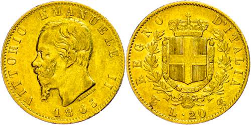 Italy 20 liras, Gold, 1865, ... 