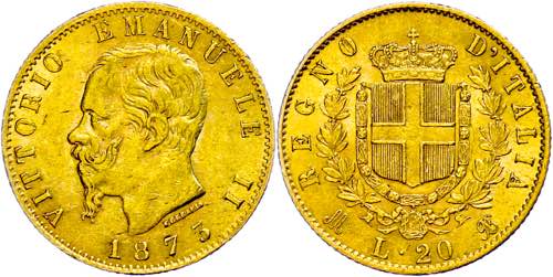 Italy 20 liras, Gold, 1873, ... 