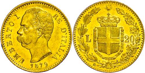 Italy 20 liras, Gold, 1879, ... 