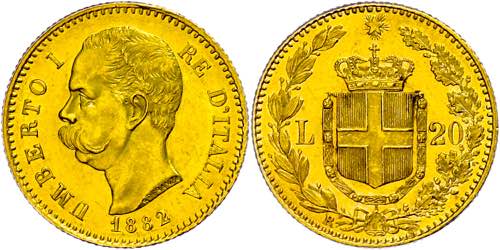 Italy 20 liras, Gold, 1882, ... 