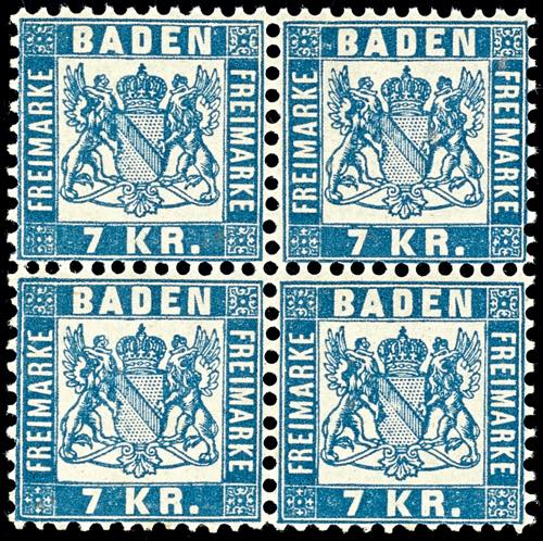 Baden 7 Kreuzer blau, Viererblock, ... 