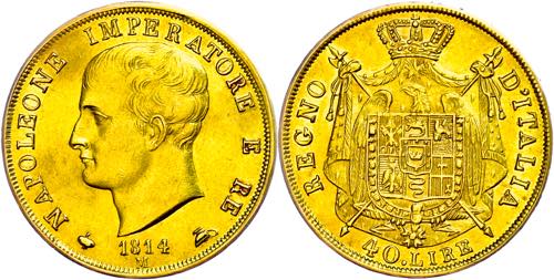 Italy 40 liras, Gold, 1814, ... 