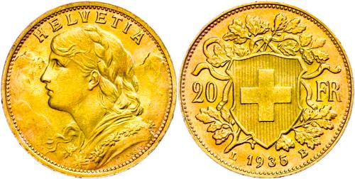 Switzerland 20 Franc, Gold, 1935, ... 