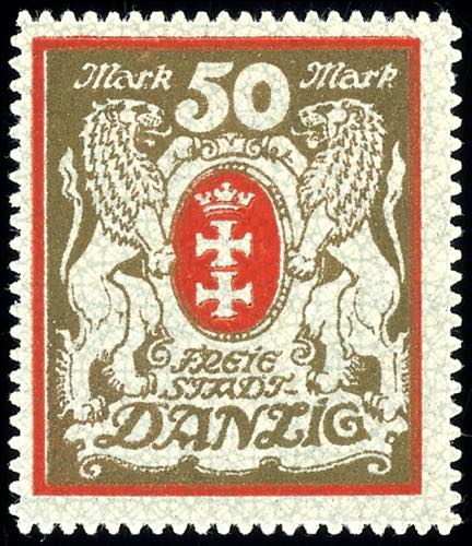 Danzig 50 Mark postal stamp red / ... 