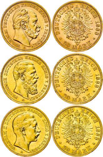 Preußen Goldmünzen 3x 20 Mark, ... 