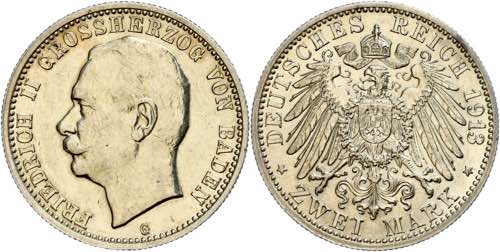 Baden 2 Mark, 1913, Friedrich II., ... 