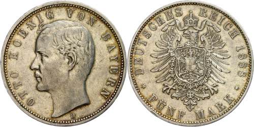 Bayern 5 Mark, 1888, Otto, kl. Rf. ... 