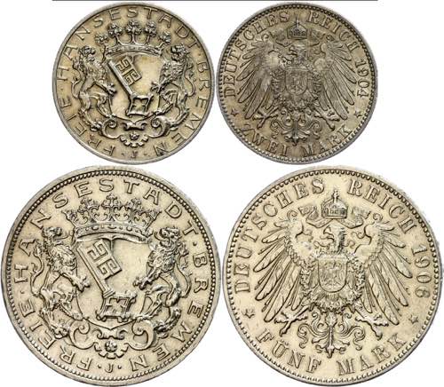 Bremen 2 und 5 Mark, 1904 und ... 