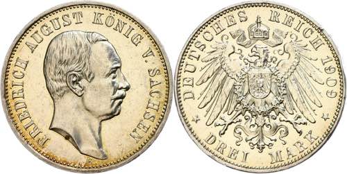 Sachsen 3 Mark, 1909, Friedrich ... 