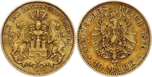 Hamburg 10 Mark, 1879, kl. Rf., ... 