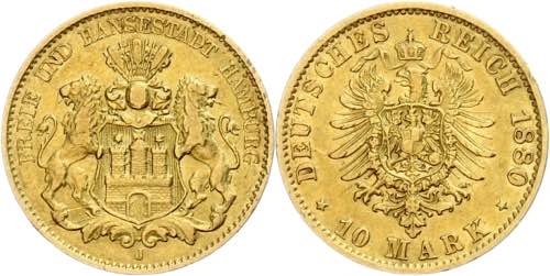 Hamburg 10 Mark, 1880, kl. Rf., ... 