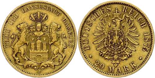Hamburg 20 Mark, 1875, kl. Rf., ... 