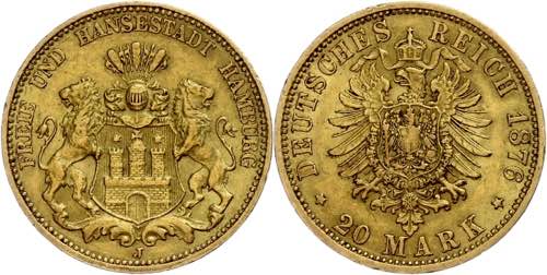 Hamburg 20 Mark, 1876, kl. Rf., ... 