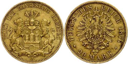 Hamburg 20 Mark, 1876, kl. Rf., ... 