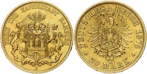 Hamburg 20 Mark, 1878, kl. Rf., ... 