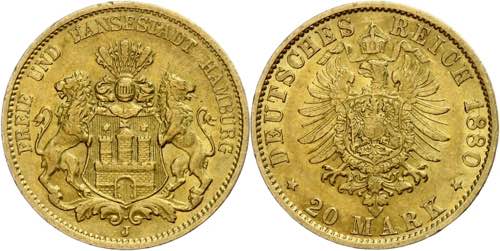 Hamburg 20 Mark, 1880, kl. Rf., ... 
