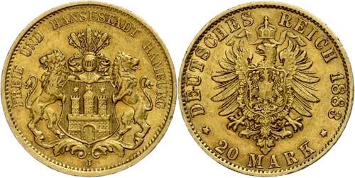 Hamburg 20 Mark, 1883, kl. Rf., ... 