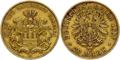 Hamburg 20 Mark, 1887, kl. Rf., ... 