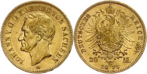 Sachsen 20 Mark, 1873, Johann, ss. ... 